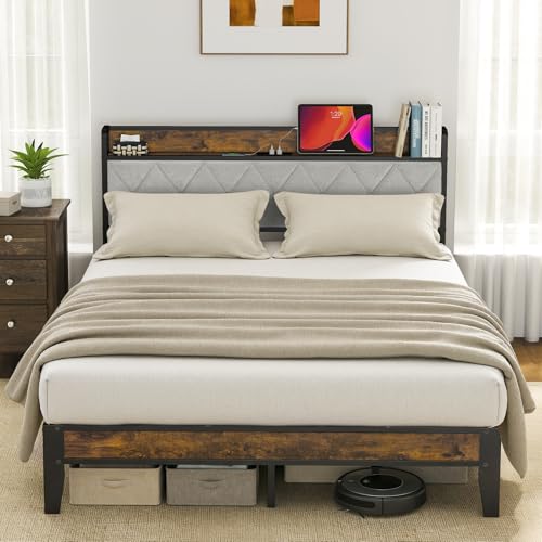 DUMOS Queen Bed Frame with Headboard, Storage Headboard with USB Charging Station, Durable Squeak-Free Frame, Simple No-Tool Assembly,Works with Queen Mattress No Box Spring Needed DUMOS