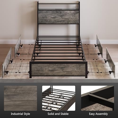VINGLI Twin Platform Set of 2 with 4 Storage Drawers and Headboard Shelf, Metal Single Bed Frame with LED Lights and Charging Station, No Box Spring Needed, Easy Assembly, Wash Grey VINGLI