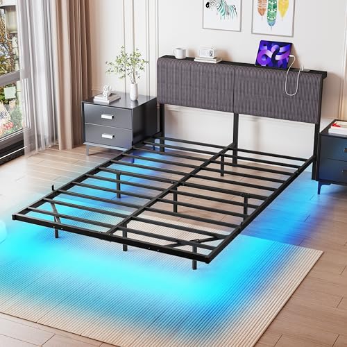 HOMERECOMMEND Floating Full Size Bed Frame,Full Bed Frame with Storage Headboard with Charging Station,Corduroy Upholstered Platform Bed with Smart LED Lights,No Box Spring Needed,Black+Dark Grey HOMERECOMMEND