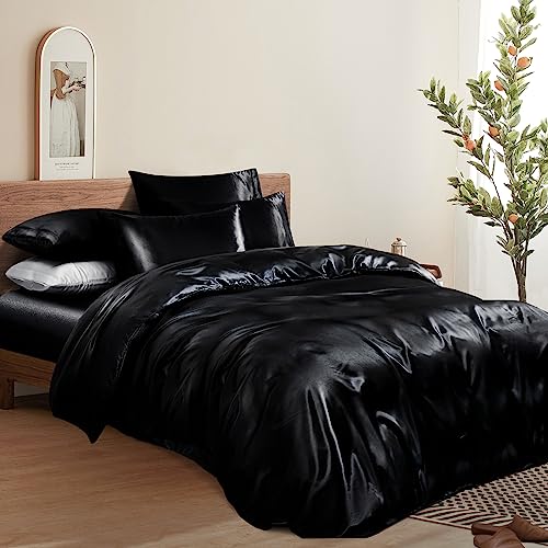 Manyshofu 6Pcs Black Duvet Cover Set King Size - Satin Fitted Sheet & Pillowcases, Cooling & Silky Comforter Cover Set Manyshofu