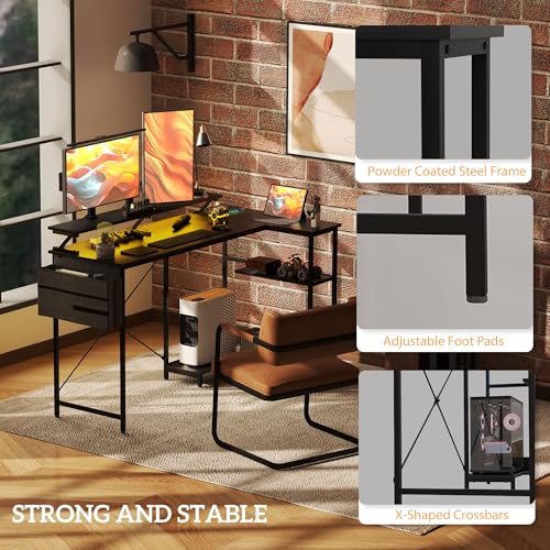 HOMCOM 58" L Shaped Gaming Desk with Power Outlets and LED Lights, Reversible Computer Desk with Monitor Stand, Fabric Storage Bag, Cable Management, for Home Office, Black HOMCOM