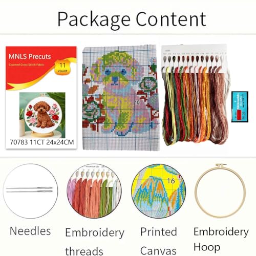 Zhenqing Brown Teddy Bear with Roses Cross Stitch Kit, 11CT Printed 24x24cm for Beginners, Floral Dog Embroidery Set with 20cm Hoop (70783)