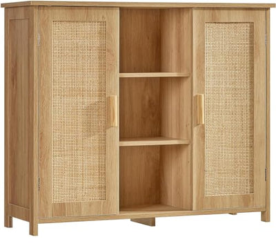 Iwell Storage Cabinet, Rattan Cabinet with 4 Adjustable Shelves, Bathroom Floor Cabinet, Sideboard Buffet Cabinet, Coffee Bar Cabinet, Accent Cabinet for Living Room, Entryway, Natural