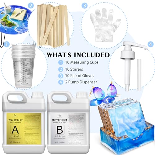 Epoxy Resin Kit - 1.2 Gallon Crystal Clear Self-Leveling Epoxy Resin with Pump for DIY Resin Art, Table Top, Jewelry Making - 1:1 Ratio Bubbles Free High-Gloss Casting Resin for Coating, Molds, Wood DecorRom