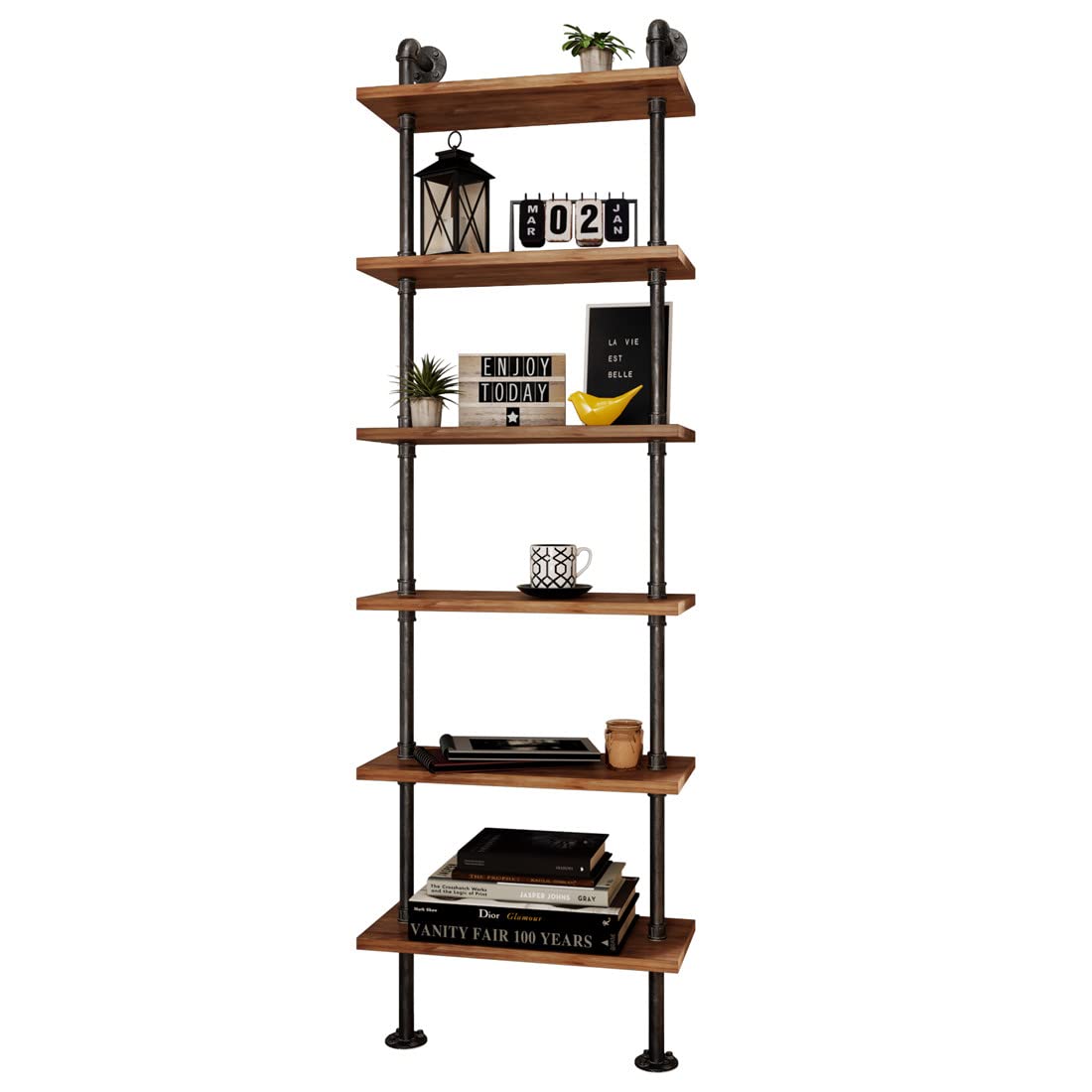 Industrial Pipe Bookshelves Rustic Wall Ladder Bookshelf Display Storage Stand Shelf Bookcase for Living Room, Kitchen, Office (6 Tier) TIEOU