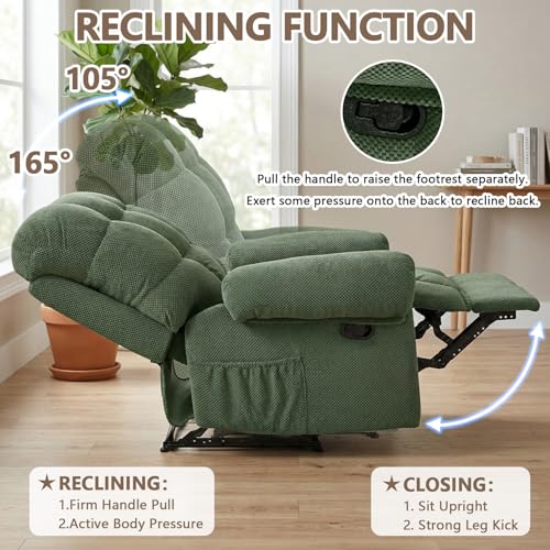 Small Recliner Chair with Side Pockets, Green Fabric RV Recliner for Adults, Traditional Manual Recliners Chair for Small Spaces, Reclining Chairs for Living Room Bedroom, Overstuffed (Green)