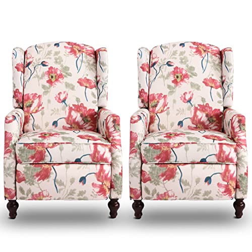 Consofa Upholstered Wingback Recliner Chair, Traditional Push Back Recliner with Padded Seat, Fabric Floral Recliner Wingback Chair, Mid Century Modern Wingback Chairs for Living Room (2,Red Floral)