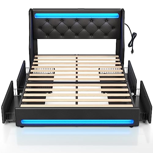 Rolanstar Full Bed Frame with LED Lights and Charging Station, PU Leather Bed with Drawers, Wooden Slats, Noise Free, Easy Assembly, Black Rolanstar