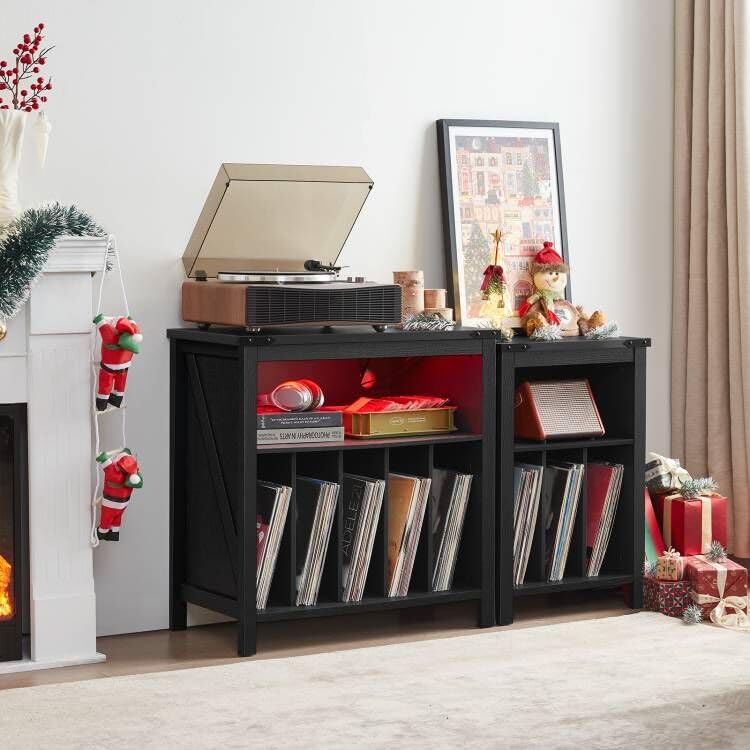 Large Record Player Stand with Charging Station & LED Lights, Black Vinyl Record Storage Holder Holds up to 230 Albums, Turntable Stand with Display Shelf for Music Room Bedroom Living Room. Joaxswe