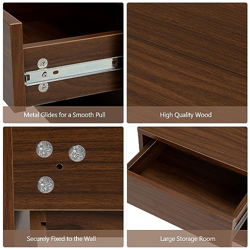 JAXPETY Nightstands Set of 2, Night Stand with Drawer, Floating Nightstand with Open Storage Shelf, Wall Mounted Wood Bedside Tables, End Table, Side Table, for Bedroom, Brown Walnut JAXPETY