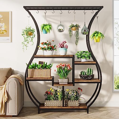 Tribesigns 6-Tier Plant Stand, 70.9 Inch Tall Plant Shelf with 10 Hanging Hooks, Vase Shape Ladder Plant Stand, Multi-Purpose Plant Display Rack for Indoor, Balcony, Living Room, Brown and Black Tribesigns
