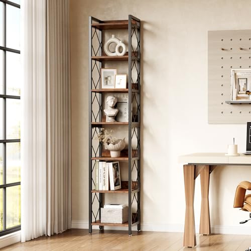 LITTLE TREE Corner Book Shelf, 78.7" Tall Narrow Bookcase, 7-Tier Skinny Wooden Display Shelves with Sturdy Metal Frame for Living Room, Modern Slim Standing Bookshelves for Office Shelf, Small Spaces LITTLE TREE