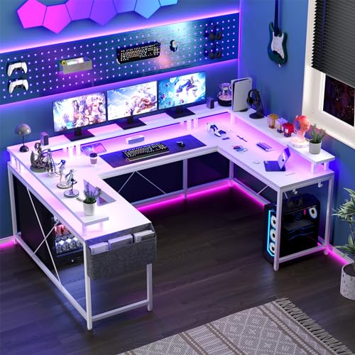 U Shaped Computer Gaming Desk, 79’’ Reversible l Shaped Computer Desk with Power Outlet & LED Strip, Office Desk with Monitor Stand, Large Corner Desk with Storage Bag for Bedroom, Office, White TrailBlaze