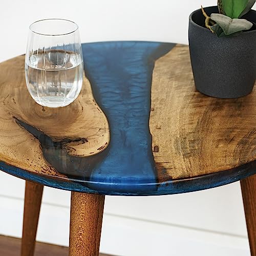 20" Resin Walnut Round Side Table | Epoxy End Table | Coffee Table | Mid Century Modern Resin Walnut | Living Room Furniture | Blue Color Ultimate Premium Products