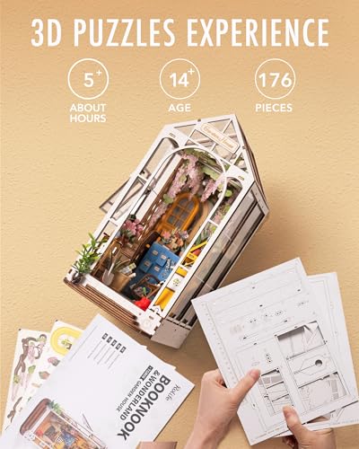 Rolife Book Nook Kit Wooden Bookcase 9.5" Garden House Miniature Kit with LED Decorative Bookends, 3D Puzzles for Adults Craft Hobby for Girls Boys Adults Rolife