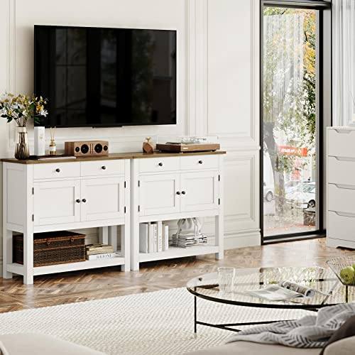 HOSTACK Farmhouse Console Table with 2-Door Cabinet & 2 Drawers, Coffee Bar, Entryway Table with Storage Shelf, Sofa Tables Buffet Sideboard for Kitchen, Hallway, Dining, Living Room, White HOSTACK