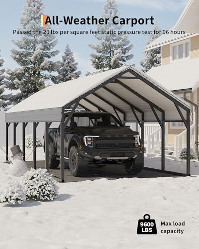 GarveeLife Oversized Metal Carport 12x25 ft, Reinforced Frame and Steel Roof for All-Weather Use, Permanent Shelter for Bass Boats, Full-Sized Pickup Trucks, and Tractors GarveeLife