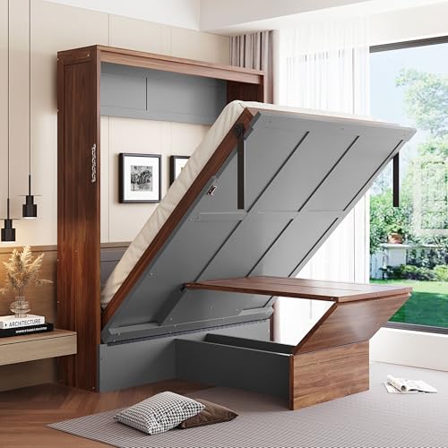Full Murphy Bed with Desk, Wood Folding Hideaway Space Saving Murphy Wall Bed for Adults (Grey) MERITLINE