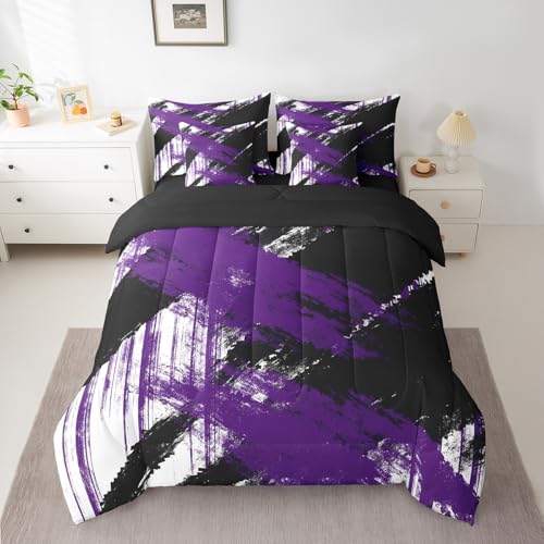 jejeloiu Abstract Art Comforter Set with Sheets Kids King Size 7 Pieces Modern Geometric Bedding Set for Boys Girls Teens White Black Purple Bed in a Bag Room Decor jejeloiu