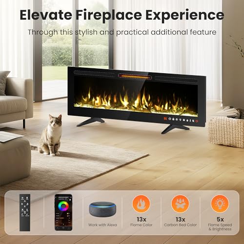Riseon 36''Smart WiFi Electric Fireplace Heater,Recessed and Wall Mounted Freestanding Linear Fireplace,Ultra-Thin Wall Fireplace with 13 Adjustable Flame Color & 5 Brightness,Remote Control,1500/750W Riseon