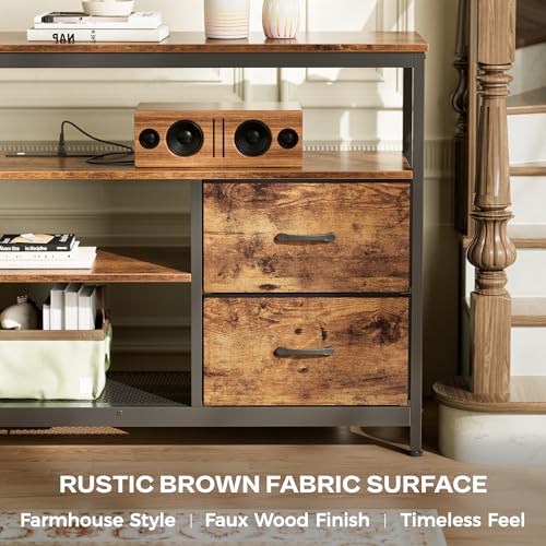Huuger TV Stand Dresser with Power Outlets and LED Lights, 4 Drawers Entertainment Center with Shelves, 54 Inch Media Console for 55 60 Inch TV, 4 AC Outlets, 2 USBs, Rustic Brown Huuger