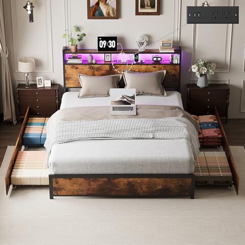 VINGLI Queen Bed Frame with 4 Storage Drawers and Headboard, Metal Platform Panel Bed with Charging Station and RGB LED Lights, No Box Spring Needed, Noise Free, Easy Assembly, Vintage Brown VINGLI