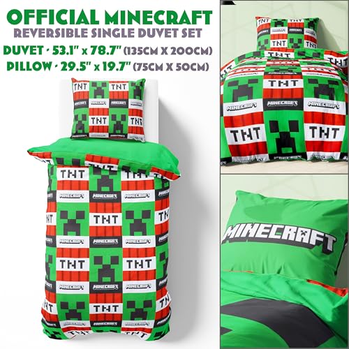 Get Trend Minecraft Single Duvet Cover Set with Pillowcase for Boys, 53"x79", Reversible Creeper TNT, Soft Boys Bedding, Gamer Gifts for Kids (Green Minecraft) Get Trend