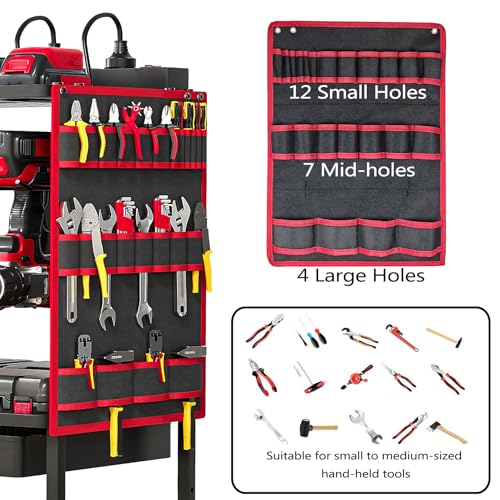 Luffioner Power Tool Organizer Cart with 8 Outlets Charging Station, Tools Storage Cart with DIY Drawer, Wheels, Power Strip, Utility Rack for Power Tools, Batteries, Wrench, Repair Tools (Red) Luffioner
