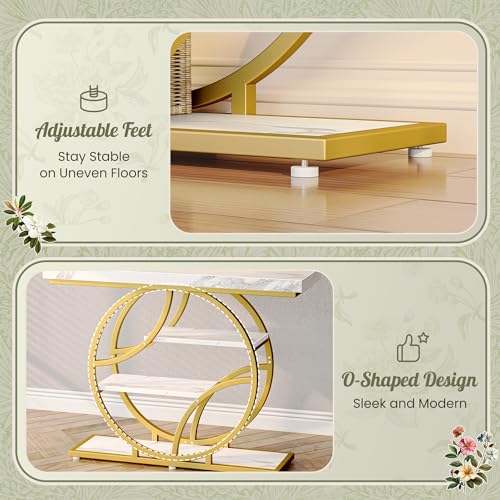 Huuger 41.3 Inch Entryway Table with Marble Top, Modern Console Sofa Table, Accent Table with Shelves, for Entry, Hallway, Entrance, Foyer, O-Shaped Metal Frame, White Marble & Gold Huuger