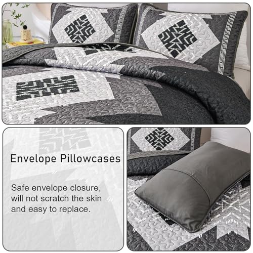 Dintszyayue Boho Quilt Set King Size 3 Pieces Black Grey Aztec Texture Bedspread Coverlet Set Bohemian Quilt Bedding Set Microfiber Lightweight Bed Cover for All Seasons 90"×103" Dintszyayue