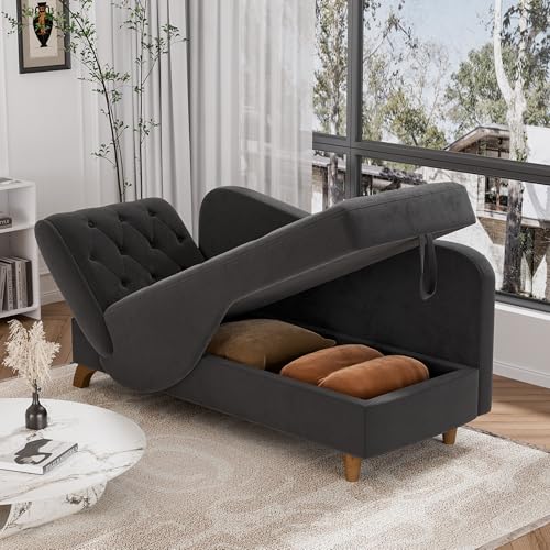 DAMAIFROM Chaise Lounge Chair Indoor with Storage, Adjustable Armrest Recling Reading Chair Sleeper Sofa Bed with Pillow, 3 in 1 Velvet Futon Lounge Chair for Living Room Playroom, Black DAMAIFROM