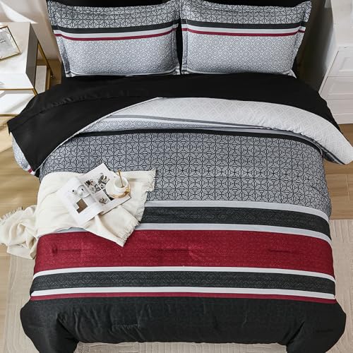 WONGS BEDDING 7 Pieces Comforter Set Queen Size, Black-red Striped Bed in a Bag Comforter and Sheet Set, Black Boho Soft Lightweight Micorfiber Bedding Set for All Season (90"Γ90") WONGS BEDDING