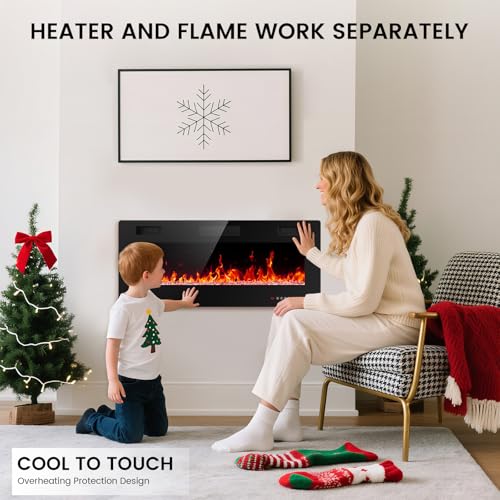 Electactic Electric Fireplace 42 inch, Recessed and Wall Mounted Electric Fireplace with Remote Control, Fireplace Heater, Linear Fireplace with Timer, Adjustable Flame Color, 750w/1500w, Black Electactic