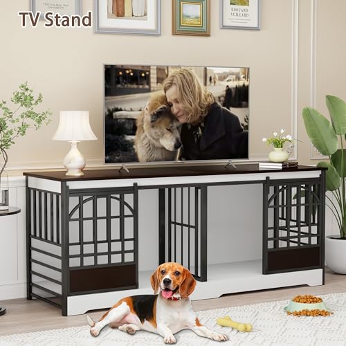 COZPAW 78 Inch Double Dog Crate Furniture, Extra Large Dog Kennel Indoor for 2 Dogs, Heavy Duty Dog Cage with Divider, Wooden Dog House Decorative Table TV Stand for XLarge Dogs (White&Brown) COZPAW