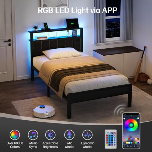 OLEVS Twin Bed Frame with LED Lights & USB Outlets, Platform Twin Bed with Storage Headboard, No Box Spring Needed, Easy Assembly OLEVS