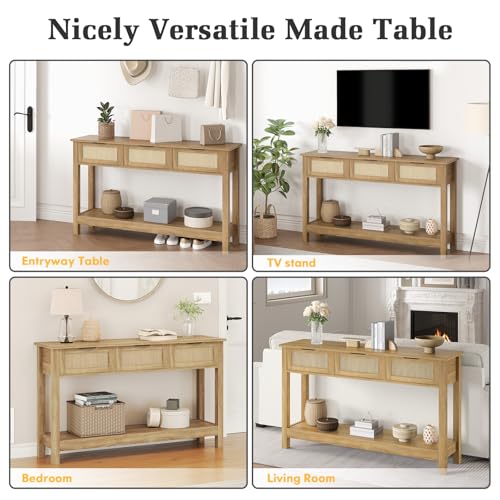 Luoxiao Rattan Console Table Boho Entryway Table with 3 Drawers Storage, Narrow Long Behind Couch Sofa Table for Living Room Side Table Entry Way Table Entrance Hallway Foyer, Natural, 47 Inch Luoxiao