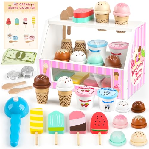 Dreamon Ice Cream Counter Playset for Kids, 38 PCS Wooden Ice Cream Set Shop for Toddlers 3-5, Toddler Pretend Play Toy, Christmas Birthday Gift for Boys and Girls Dreamon