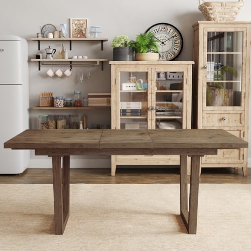 Kmax 70" Farmhouse Extendable Dining Table Set for 4-8 People, Rustic Rectangular Kitchen Table, Recycled Pine Wood Dinner Table for Dining Room Home Office, Walnut Kmax