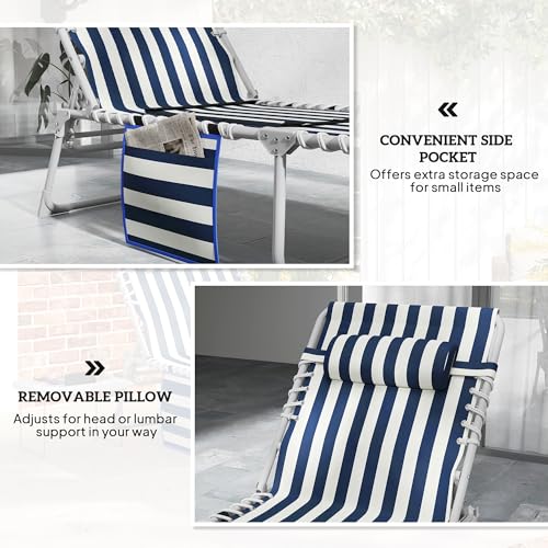 Outsunny Tanning Chair Set of 2 with Face Hole, Side Table, 5-Position Reclining Folding Chaise Lounge Chair Outdoor Lounger Recliner, Carry Straps for Beach Pool Camp, Oxford Fabric, Blue and White