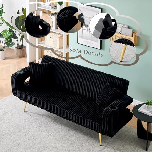 73" Convertible Futon Sofa Bed,Modern Corduroy Sleeper Couch with 3 Reclining Backrests,Golden Chrome Legs,Comfy Cloud Sofa Loveseat for Small Living Room Bedroom Office (Black) Majnesvon