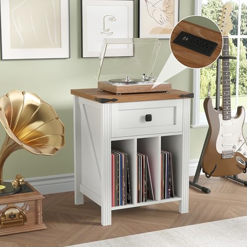 HOSEOKA Record Player Stand with Vinyl Record Storage, Turntable Stand with Charging Station, Wooden Vinyl Record Holder Cabinet Dispaly Shelf with Drawer HOSEOKA