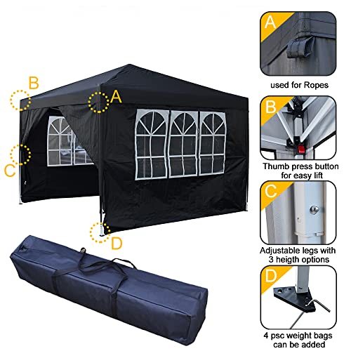 Panana Pop Up Gazebo 10''x10'' Waterproof Outdoor Garden Marquee Awning Party Tent Canopy and Carry Bag 3 X 3m (Black) Panana