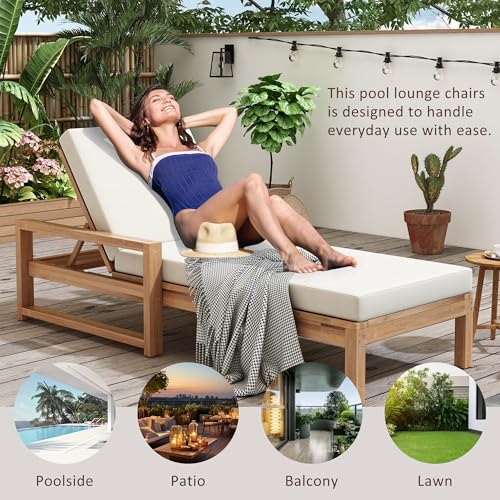 THINK 30 Lounge Chair Outdoor, Acacia Wood Oversized Chaise Lounge Chair with 5 Positions, Patio Lounge Chair with Thick Cushions, Weather-Resistant for Pool, Deck, Poolside,Light Teak THINK 30
