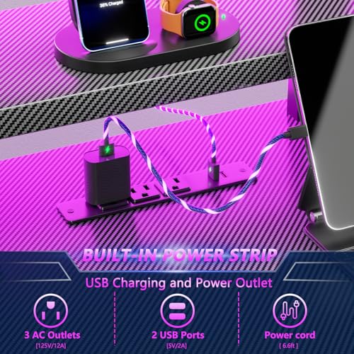 Korfile 40 Inch Gaming Desk with Power Outlet & LED Lights, L Shaped Computer Gaming Table with 3 Tiers Storage Shelves, Corner Gamer Desk with Monitor Stand for Small Space, Carbon Fiber Black Korfile