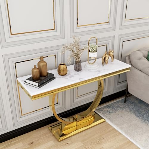 Asday Gold Console Table, 50 Inch Glam White and Gold Entryway Table with U-Shaped Base, Polished Gold Entrance Table with White Top for Entryway, Hallway, Foyer Asday