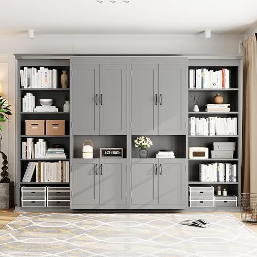 XD Designs Modern Full Murphy Bed with Dual Sliding Doors Storage Cabinets, Wood Hidden Wall Bed with Dual 6-Tier Side Shelves, Large-Capacity Space-Saving (Gray-12.9) XD Designs
