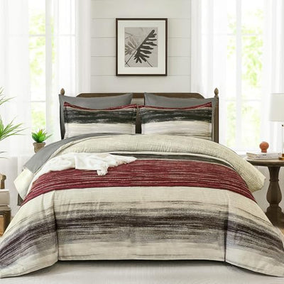 WONGS BEDDING Red King Size Comforter Set, 7 Pieces Striped Bed in a Bag Comforter and Sheet Set, Boho Lightweight Microfiber King Bedding Set for All Season (104" x 90")
