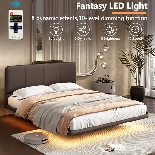 Christopher Knight Home Queen Size Floating Bedframe, Upholstered Bed Frame with Headboard, Faux Leather Platform Bed, Modern Design with LED Lighting, Easy Assembly, No Boxing Spring Needed, Coffee Christopher Knight Home