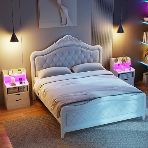 Giantex LED Night Stand with Charging Station, End Side Table w/Open Shelves, 2 Storage Drawers, Cable Holes, Nightstand w/Adjustable Light Color & Mode, Modern Bedside Table for Bedroom (1, White) Giantex