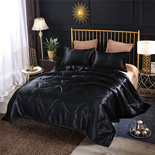 NTBED Silky Satin Comforter Set Queen Black, Soft Lightweight Microfiber Luxury Sexy Quilted Bedding Sets with 2 Matching Pillow Covers for Summer Spring Autumn NTBED